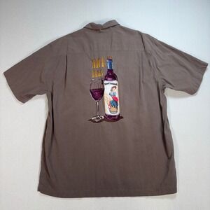 Tommy Bahama Silk Shirt Men's XL Taupe Brown Loop Collar‎ Pocket Wine Embroidery